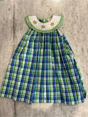 Petit Ami Girls Green & Blue Plaid Smocked Dress with Floral Yoke Turtle Size 4